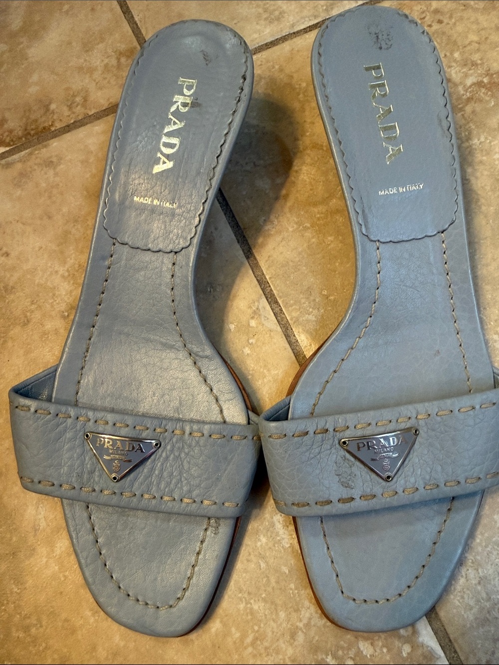 Prada Light Blue Leather Slide Mules with Triangle Logo - Picture 3 of 4